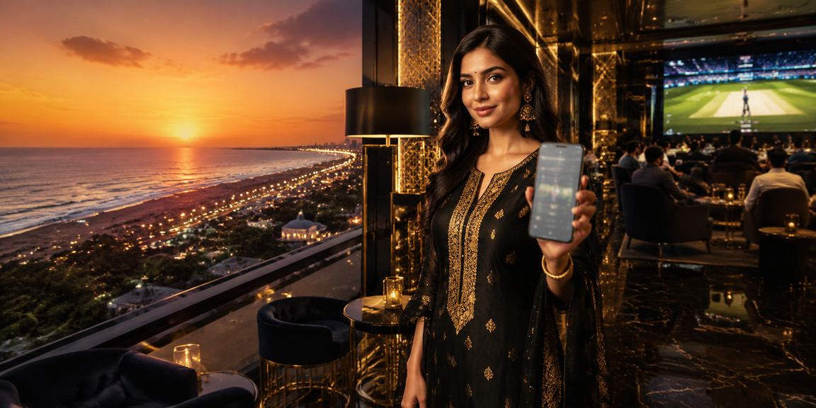 Chennai woman enjoying cricket betting via mobile app wearing traditional kurti