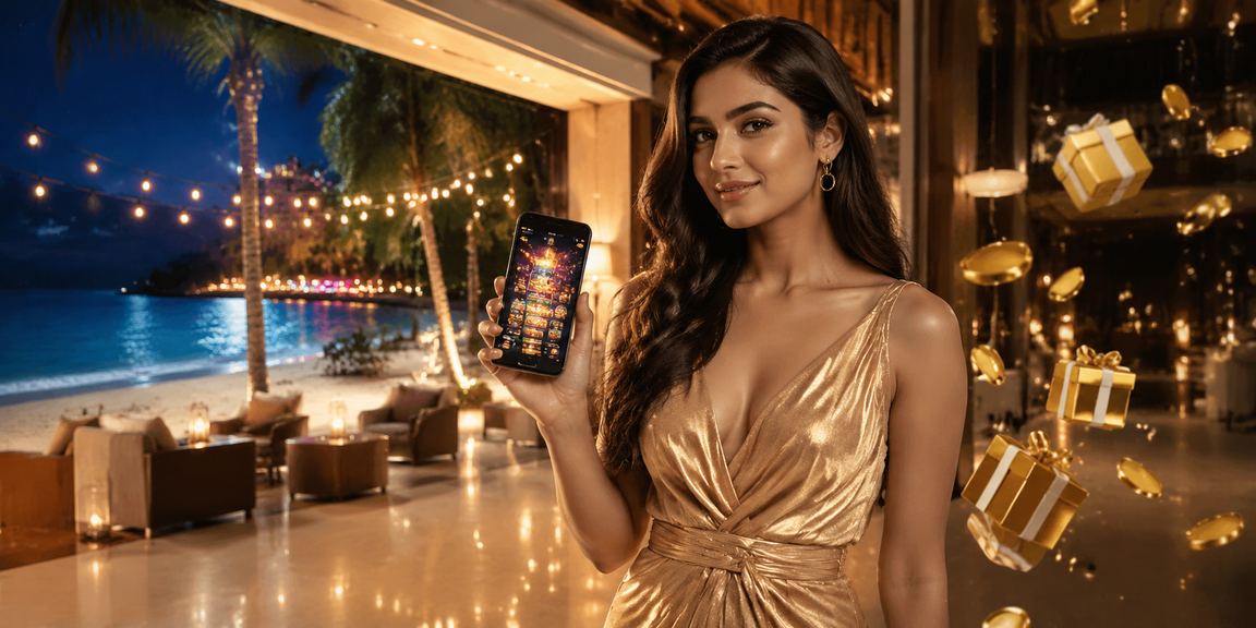Indian woman playing mobile slots with Bollywood themes