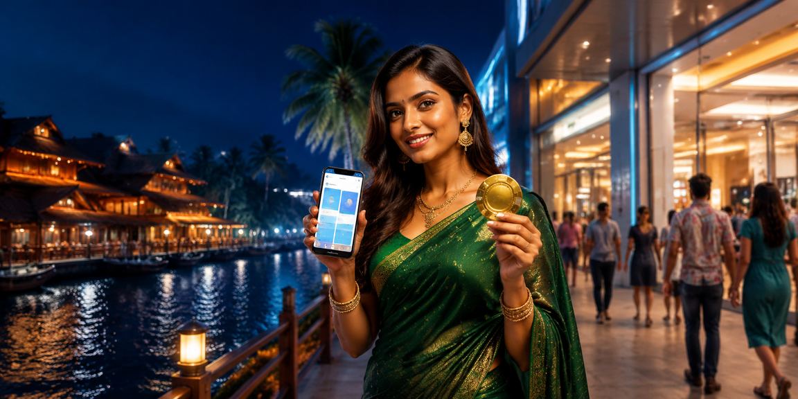Happy woman in Kerala casino celebrating welcome bonus during registration