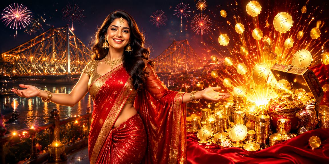 Happy Kolkata woman placing cricket bets while enjoying festive atmosphere