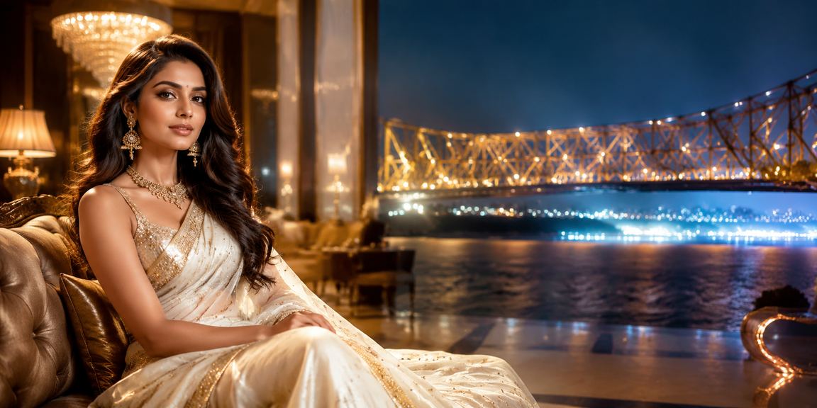 Young Indian woman playing Andar Bahar on mobile app near Howrah Bridge Kolkata