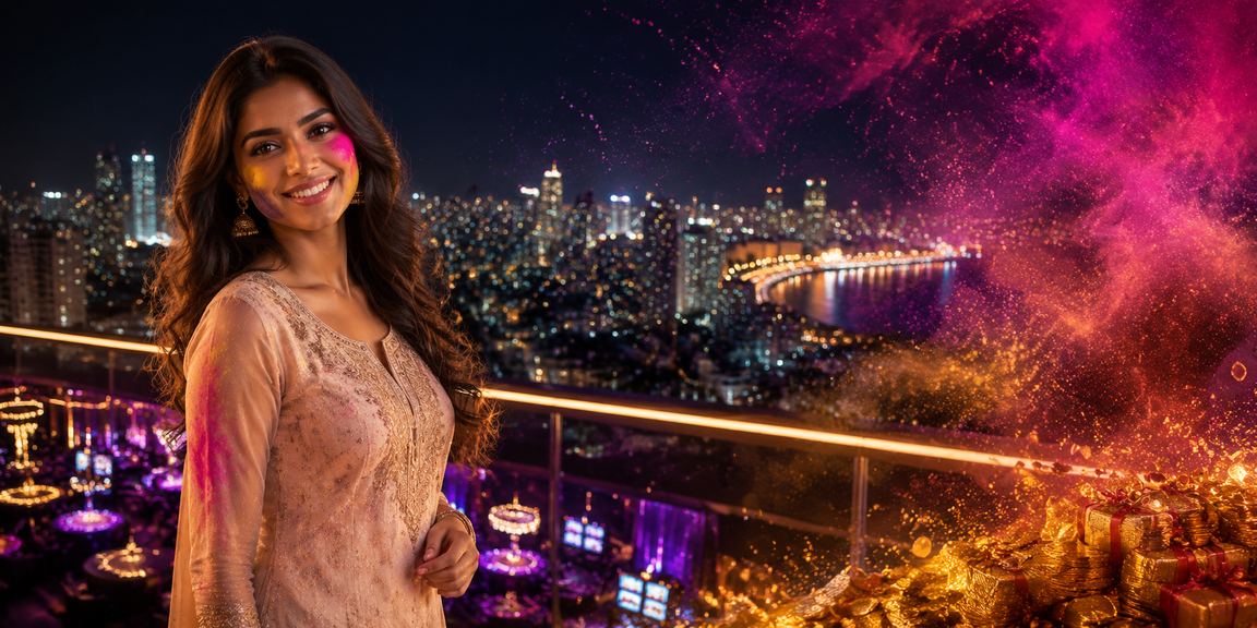 Young woman in Bandra Mumbai playing slots on a mobile device at night